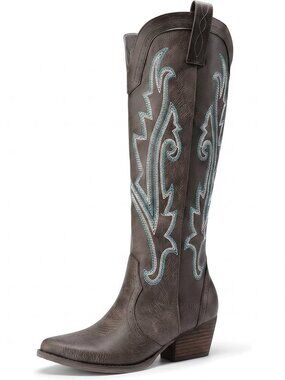 Women,s Brown Faux leather Cowgirl Knee High Boots Retro Tall with Side Zipper